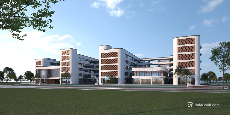 Modern School Building Exterior With White Brown Facade Large Glass Windows And Green Lawn 3d model 
