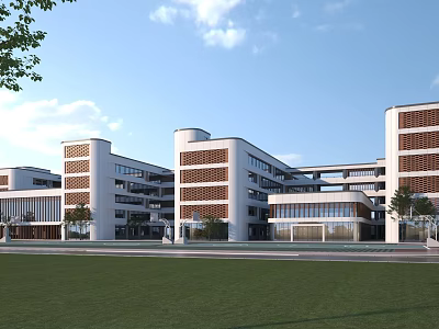 Modern School Building Exterior With White Brown Facade Large Glass Windows And Green Lawn 3d model