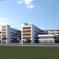Modern School Building Exterior With White Brown Facade Large Glass Windows And Green Lawn