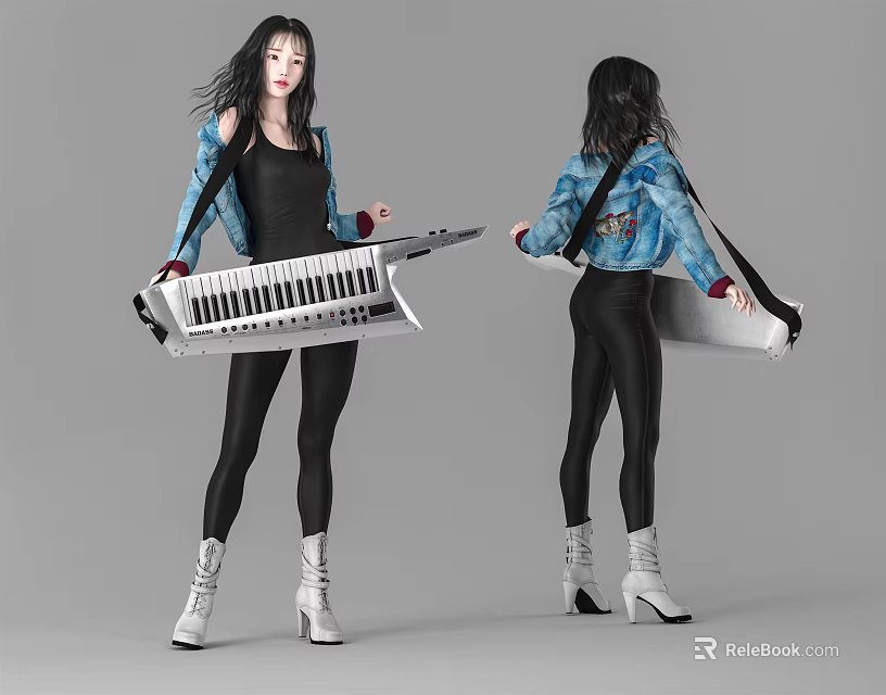 Woman In Blue Tie Dye Jacket Black Tight Clothes Holding Keyboard Front Back View 3d model 
