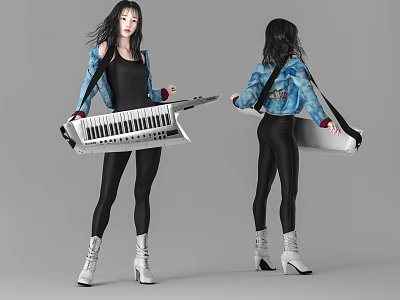 Woman In Blue Tie Dye Jacket Black Tight Clothes Holding Keyboard Front Back View 3d model