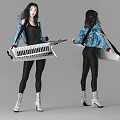 Woman In Blue Tie Dye Jacket Black Tight Clothes Holding Keyboard Front Back View