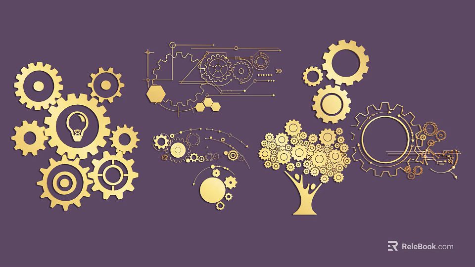 Golden Gears And Tree Shaped Wall Decor With Light Bulb Elements On Purple Background 3d model