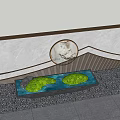 Modern Stone Feature Wall With Curved Lines Circular Decoration Lighting Strips Planter And Trees Behind