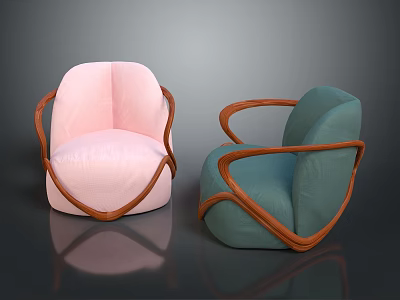 Elegant Pink and Teal Single Sofa with Curved Wooden Arms Modern Design 3d model