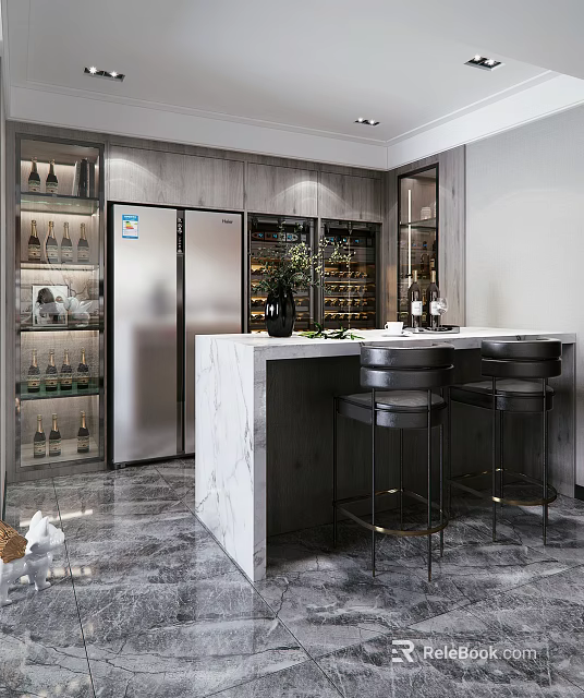 Modern Bar Area With Marble Countertop Black Bar Stools Wine Cabinets And Stainless Steel Refrigerator 3d model 