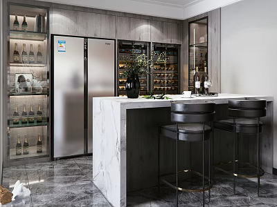 Modern Bar Area With Marble Countertop Black Bar Stools Wine Cabinets And Stainless Steel Refrigerator 3d model