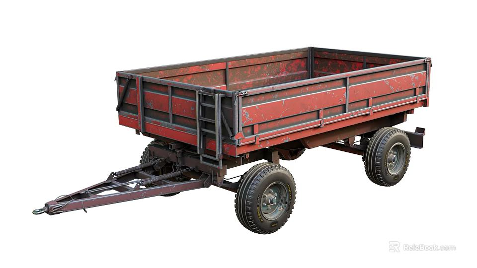 Red Utility Trailer With Open Bed And Large Wheels For Cargo Transportation 3d model 