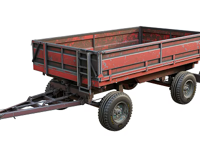 Red Utility Trailer With Open Bed And Large Wheels For Cargo Transportation 3d model