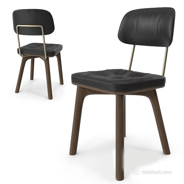 Modern Single Chair With Black Upholstered Seat Gold Armrests And Wooden Legs 3d model 