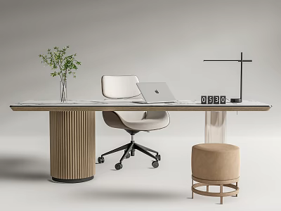 Modern Office Desk With Wooden Legs Laptop Green Plant Lamp White Chair Beige Stool 3d model