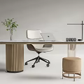 Modern Office Desk With Wooden Legs Laptop Green Plant Lamp White Chair Beige Stool