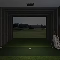 Indoor Golf Simulator Practice Area With Green Turf Golf Balls And Screen 3d model