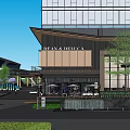 Modern Commercial Street With High Rise Buildings Low Rise Structures And Green Spaces