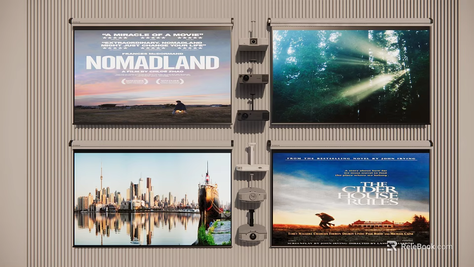 Projection Monitoring System With Multiple Screens Displaying Movie Posters Nature Scenes And City Views 3d model 