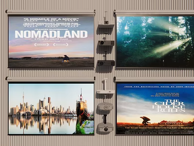 Projection Monitoring System With Multiple Screens Displaying Movie Posters Nature Scenes And City Views 3d model