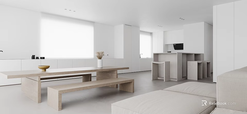 Modern Minimalist Dining And Living Room Interior With Wooden Table Bench And White Cabinets 3d model 