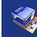 Modern Blue Container Studio With Yellow Support Staircase And Platform Design 3d model
