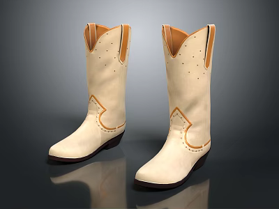 White Leather Cowboy Boots Featuring Perforated Details Brown Trim And Black Heel 3d model