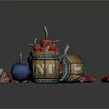 Vintage Weapon Display With Wooden Barrels Red Bomb Like Objects Blue Pots And Gauges