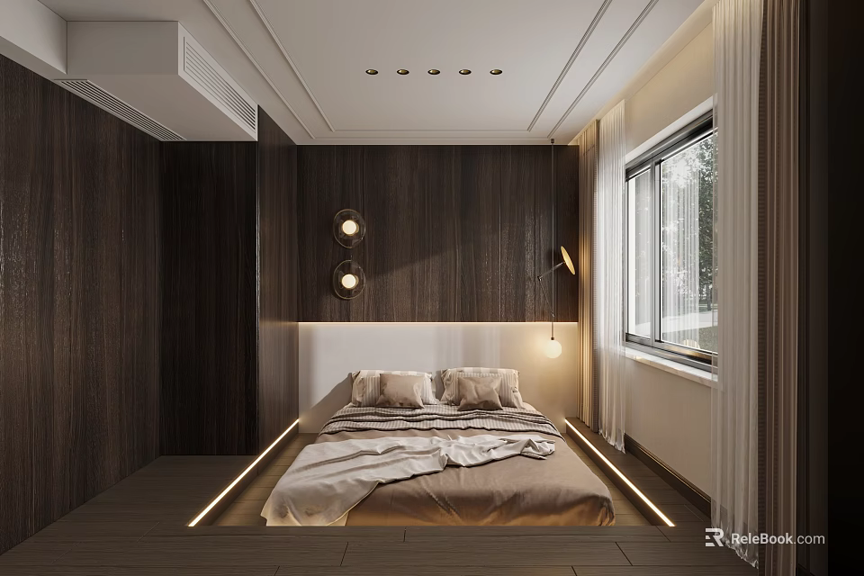 Modern Bedroom Interior With Wooden Wall Panels Platform Bed Bedside Lamps And Large Window 3d model 