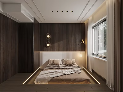 Modern Bedroom Interior With Wooden Wall Panels Platform Bed Bedside Lamps And Large Window 3d model