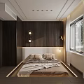 Modern Bedroom Interior With Wooden Wall Panels Platform Bed Bedside Lamps And Large Window