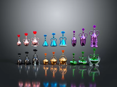 Colorful Glass Vase Sculptures With Various Shapes Neatly Arranged And Reflections 3d model