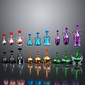 Colorful Glass Vase Sculptures With Various Shapes Neatly Arranged And Reflections