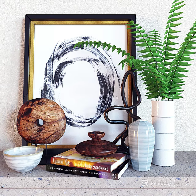 Modern Decorative Ornament Set With Wooden Metal Vase Green Fern Abstract Painting Bowl And Books 3d model 