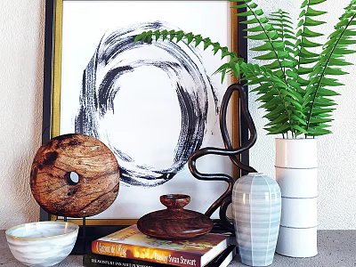 Modern Decorative Ornament Set With Wooden Metal Vase Green Fern Abstract Painting Bowl And Books 3d model