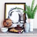 Modern Decorative Ornament Set With Wooden Metal Vase Green Fern Abstract Painting Bowl And Books