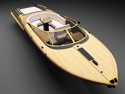 Modern Wooden Speedboat Design With Open Cockpit White Seats And Yellow Accents 3d model