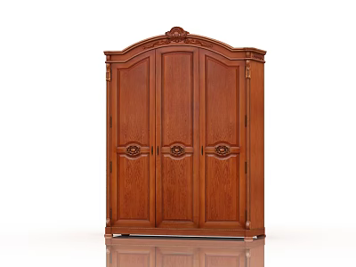 Classical Solid Wood Wardrobe With Carved Top And Three Door Decorations 3d model