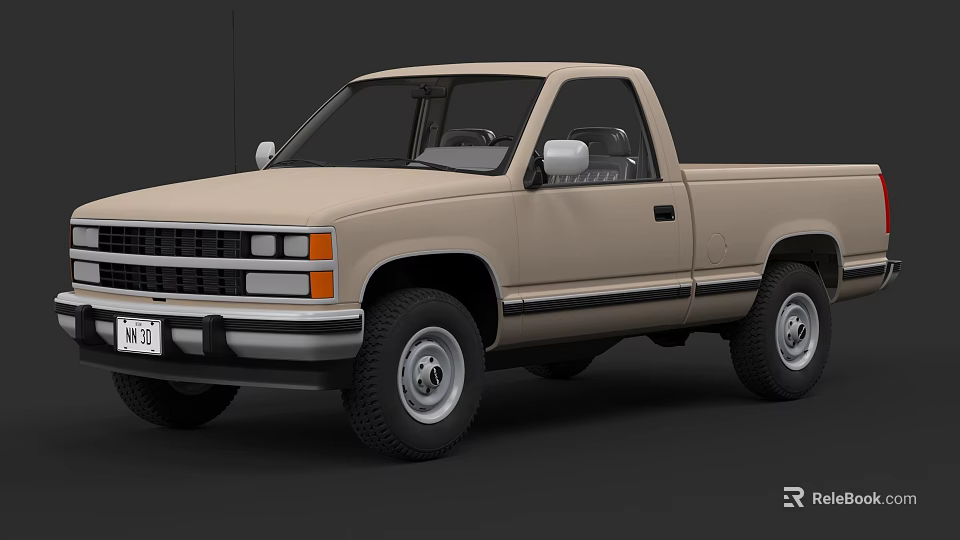 Classic Beige Single Cab Pickup Truck With Front Grille Headlights And Black Tires 3d model 