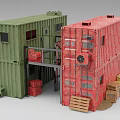 Industrial Equipment Container Based Storage Units With Green Red Structures And Wooden Pallets Crates
