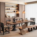 Quiet Chinese Style Restaurant Quiet Chinese Ancient Dining Table and Chair Dining Table and Chair Combination Solid Wood Dining Table and Chair Solid Wood Sideboard Chandelier 3d model