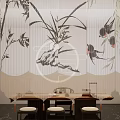 Traditional Chinese Interior With Bamboo Orchid Swallow Screen And Tea Table Stools