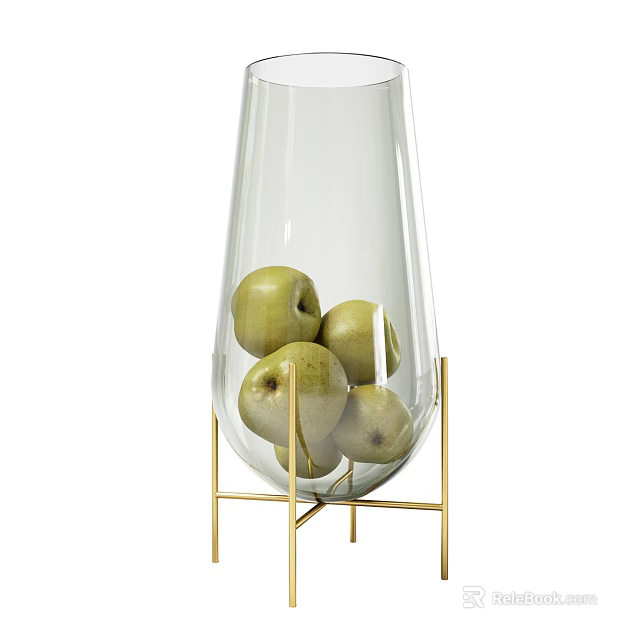 Fresh Green Apples in Transparent Glass Vase with Golden Metal Stand 3d model 