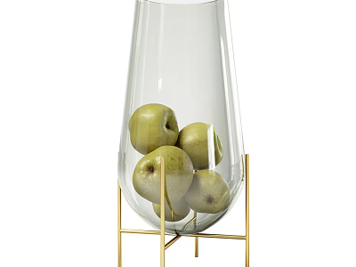 Fresh Green Apples in Transparent Glass Vase with Golden Metal Stand 3d model