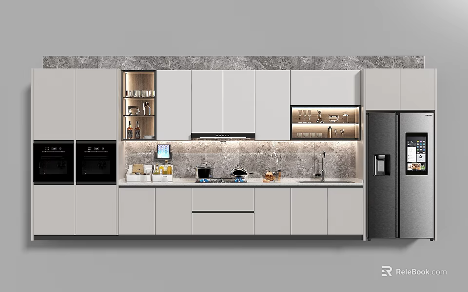 Modern Open Concept Kitchen With White Cabinets Island Counter And Appliances 3d model 