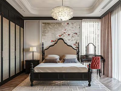 Elegant Traditional Bedroom Interior Design With Crystal Chandelier Plum Blossom Wallpaper And Red Chair 3d model