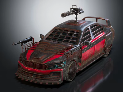 Armored Military Vehicle With Red Black Paint Mounted Machine Guns And Protective Grille 3d model