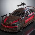 Armored Military Vehicle With Red Black Paint Mounted Machine Guns And Protective Grille