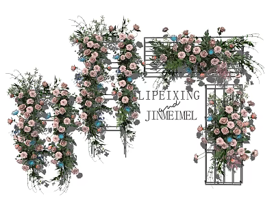 Elegant Floral Display With Pink And Blue Flowers On Metal Racks 3d model