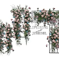 Elegant Floral Display With Pink And Blue Flowers On Metal Racks