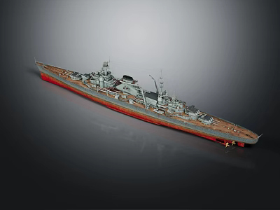Detailed Warship Model As Water Transport With Red Hull And Naval Armaments Displayed 3d model
