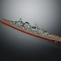 Detailed Warship Model As Water Transport With Red Hull And Naval Armaments Displayed