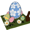 Decorative Ornament Set With Blue Pink Yellow Easter Eggs White Flowers And Green Grass Pad