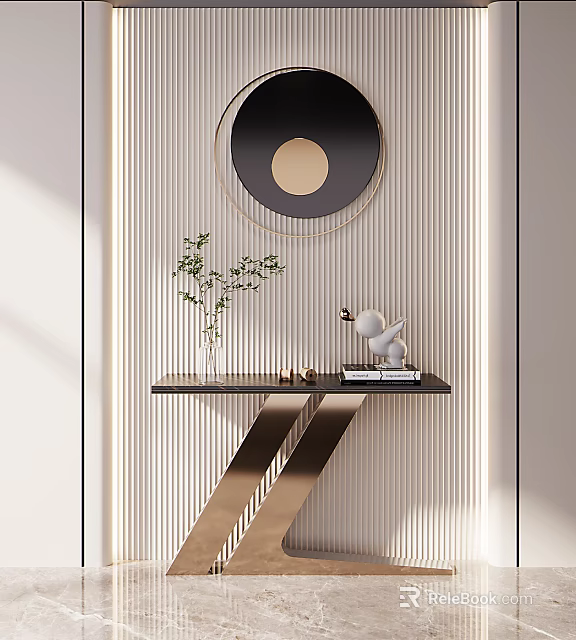 Modern Entryway Console Table With Round Mirror Green Plant And Decorative Ornaments 3d model 